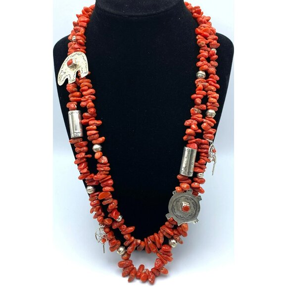 Jewelry - Vintage Native American Coral Sterling Silver Necklace Dream Catcher 28" MARKED!